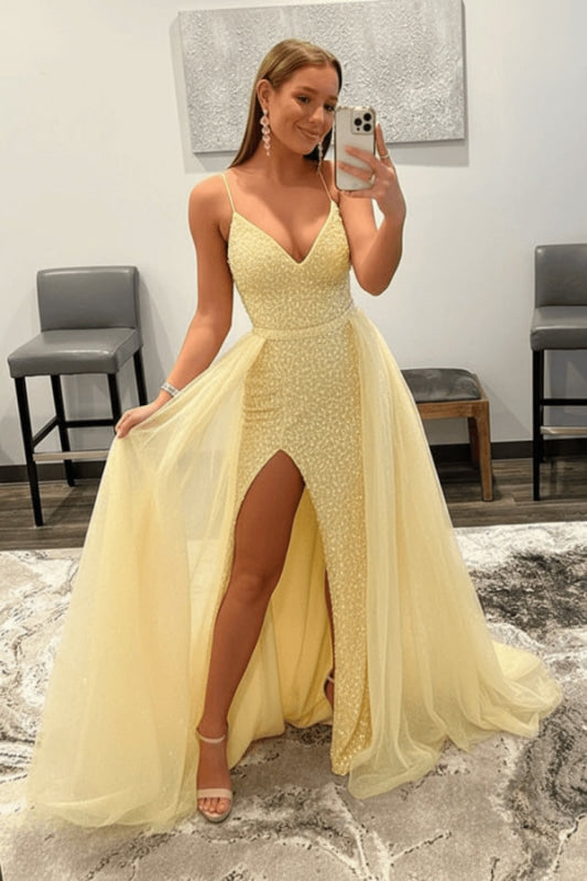 Shiny Pink Sequins V Neck Mermaid Prom Dresses High Slit Sleeveless with Detachable Train