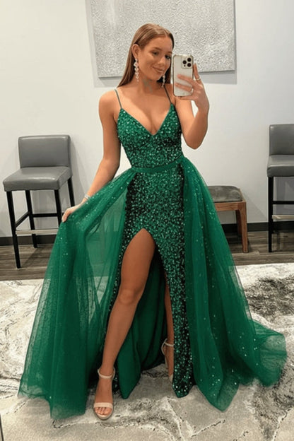 Shiny Pink Sequins V Neck Mermaid Prom Dresses High Slit Sleeveless with Detachable Train