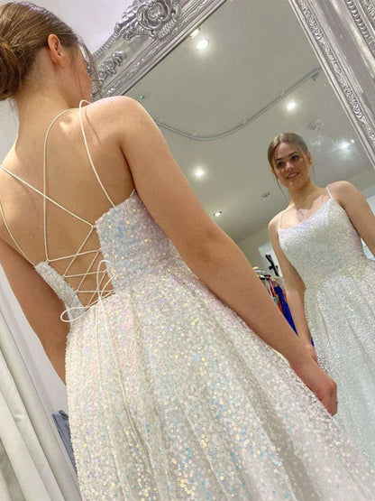 Shiny Sequins Open Back Ivory Long Prom Dresses, Sparkly Ivory Formal Graduation Evening Dresses