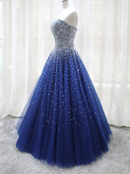 Shiny Sequins Strapless Blue Long Prom Dresses Sparkly Blue Ball Gown