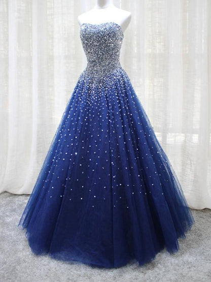 Shiny Sequins Strapless Blue Long Prom Dresses Sparkly Blue Ball Gown