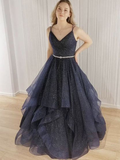 Shiny V Neck Backless Dark Blue Long Prom Dresses, V Neck Dark Blue Formal Evening Dresses, Dark Blue Ball Gown