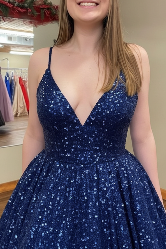 Shiny V Neck Navy Blue Long Prom Dresses A-line Sequins Formal Evening Dresses Sleeveless