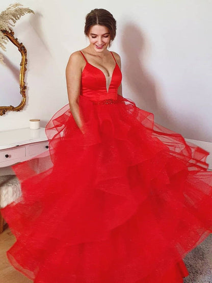 Shiny V Neck Open Back Puffy Red Tulle Long Prom Dresses, Red Tulle Formal Evening Dresses
