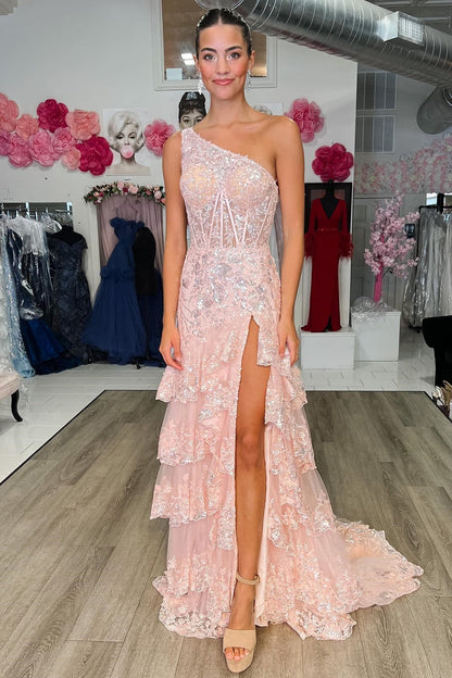 One-Shoulder Sequin-Embroidery Tiered Long Prom Dress with Slit