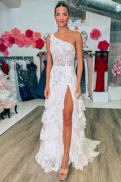 One-Shoulder Sequin-Embroidery Tiered Long Prom Dress with Slit