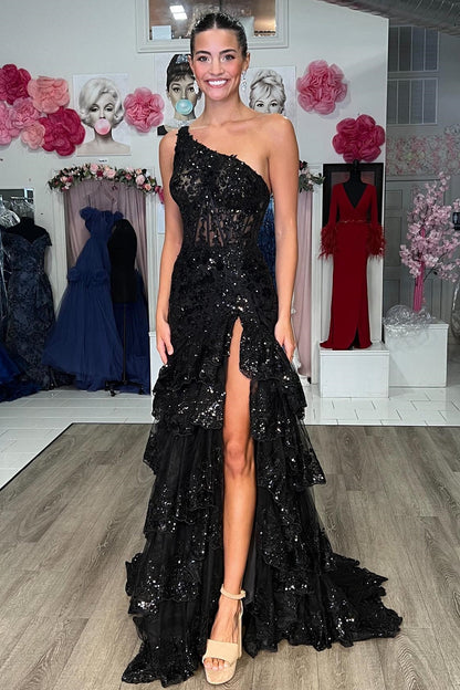 One-Shoulder Sequin-Embroidery Tiered Long Prom Dress with Slit