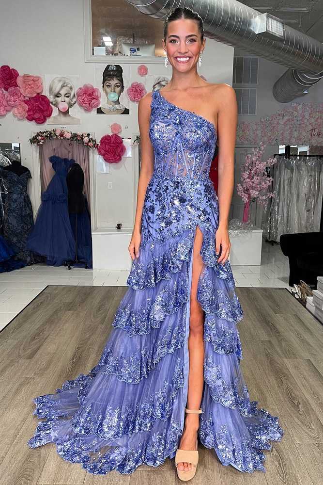 One-Shoulder Sequin-Embroidery Tiered Long Prom Dress with Slit