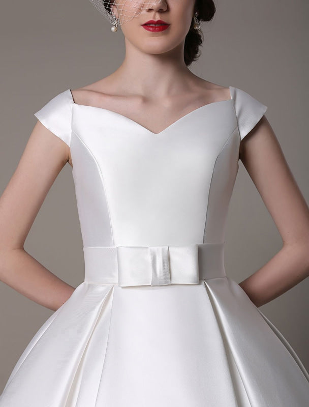 Short Ivory Wedding Dresses Satin Knee Length Bow Sash Retro Bridal Dress