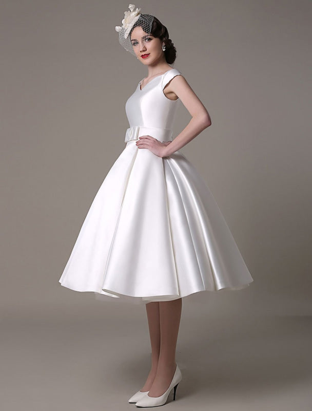 Short Ivory Wedding Dresses Satin Knee Length Bow Sash Retro Bridal Dress