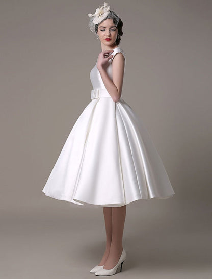 Short Ivory Wedding Dresses Satin Knee Length Bow Sash Retro Bridal Dress