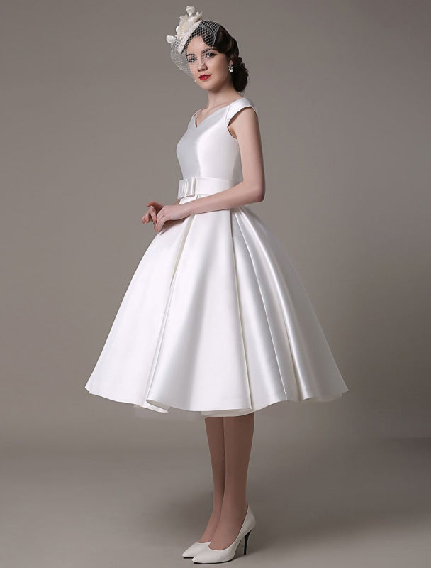 Short Ivory Wedding Dresses Satin Knee Length Bow Sash Retro Bridal Dress