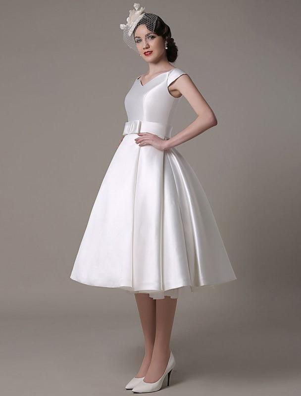 Short Ivory Wedding Dresses Satin Knee Length Bow Sash Retro Bridal Dress