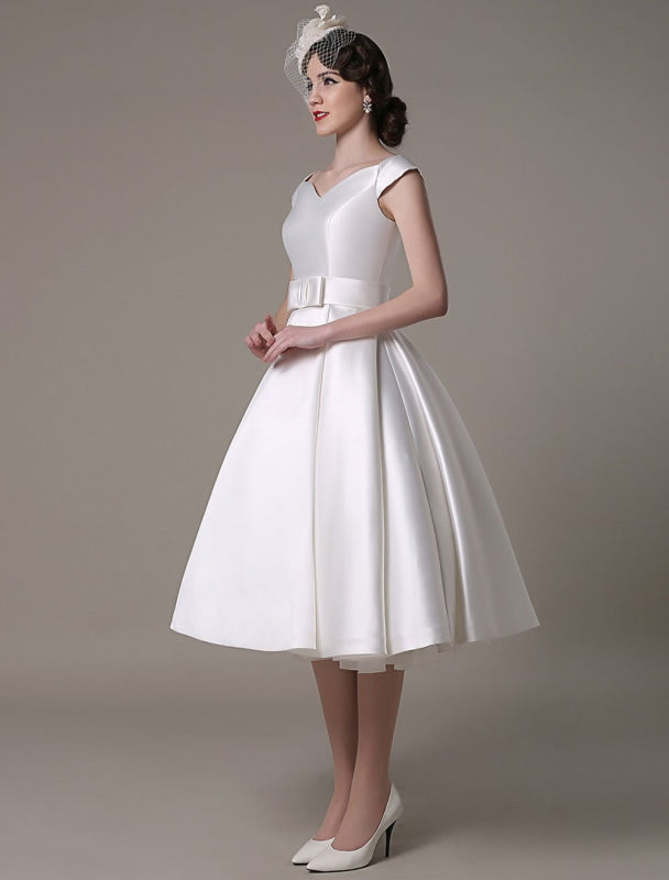 Short Ivory Wedding Dresses Satin Knee Length Bow Sash Retro Bridal Dress