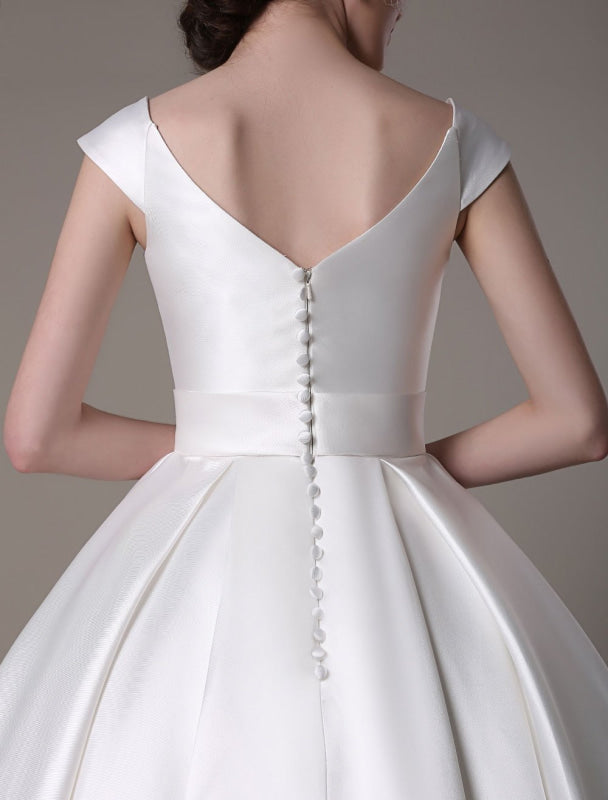 Short Ivory Wedding Dresses Satin Knee Length Bow Sash Retro Bridal Dress