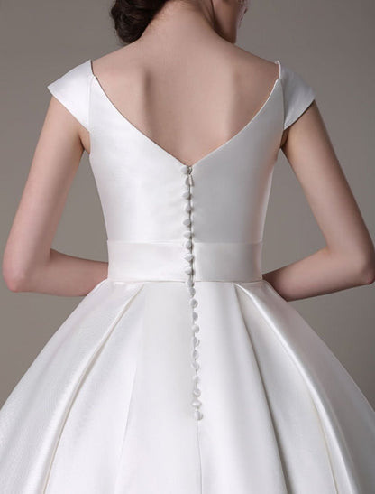 Short Ivory Wedding Dresses Satin Knee Length Bow Sash Retro Bridal Dress