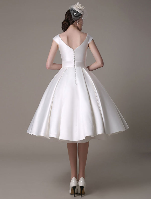 Short Ivory Wedding Dresses Satin Knee Length Bow Sash Retro Bridal Dress
