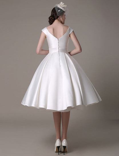 Short Ivory Wedding Dresses Satin Knee Length Bow Sash Retro Bridal Dress