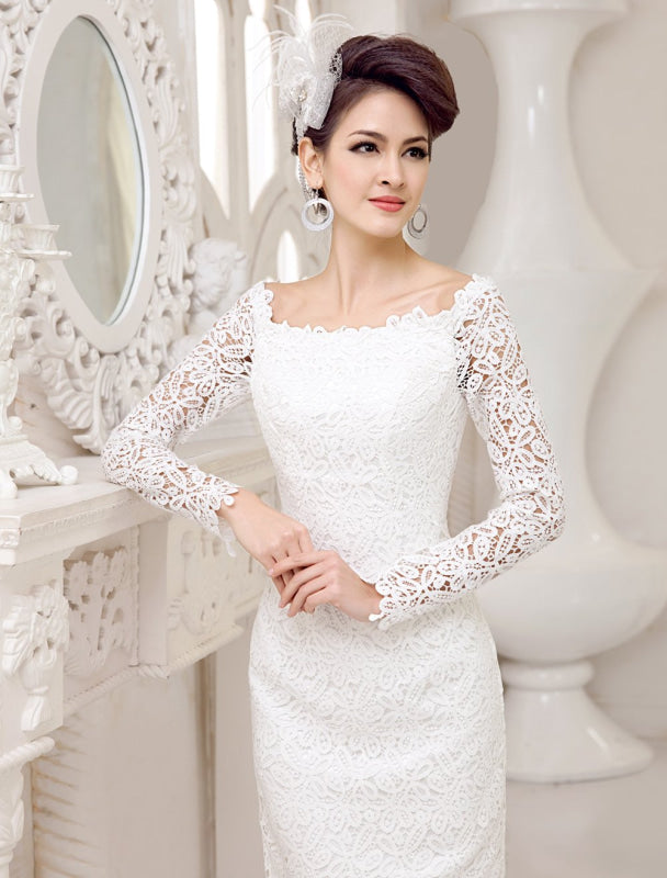 Short Simple Wedding Dresses Lace Long Sleeve Knee Length Bridal Reception Dress
