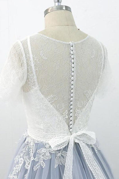 Short Sleeve Appliques Tulle A-line Wedding Dress