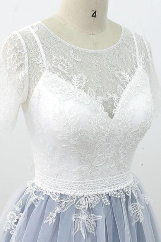 Short Sleeve Appliques Tulle A-line Wedding Dress