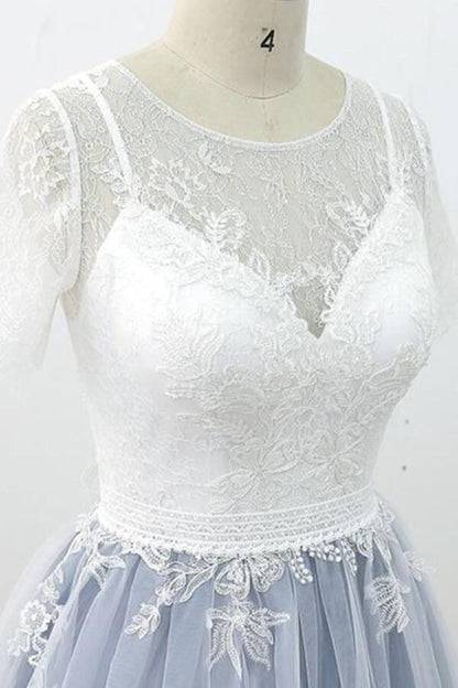 Short Sleeve Appliques Tulle A-line Wedding Dress
