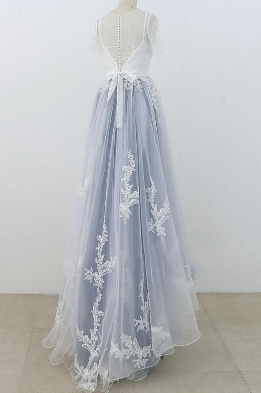 Short Sleeve Appliques Tulle A-line Wedding Dress