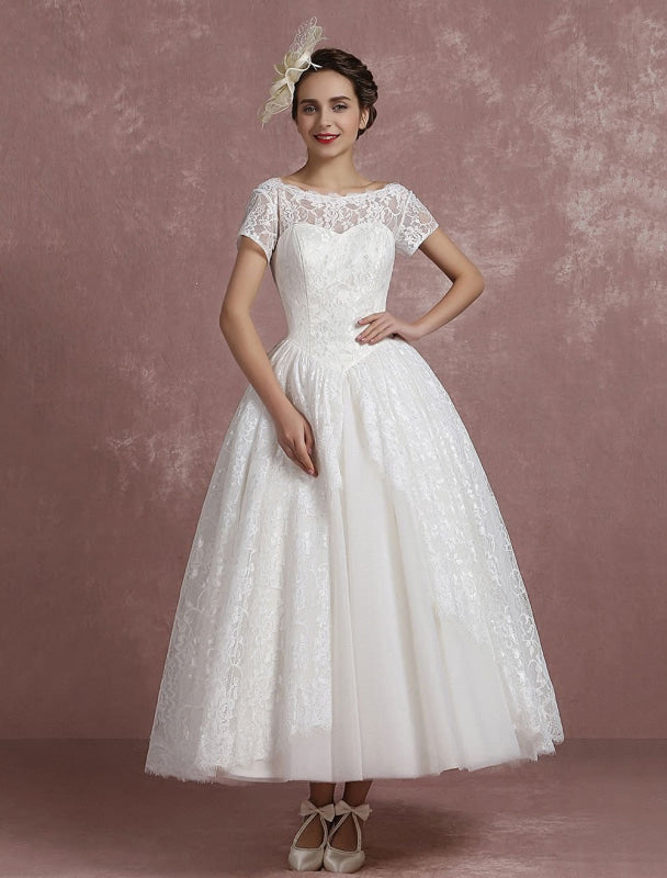 Short Sleeve Tea Length Bridal Dress Vintage Short Sleeves Aline Wedding Dress