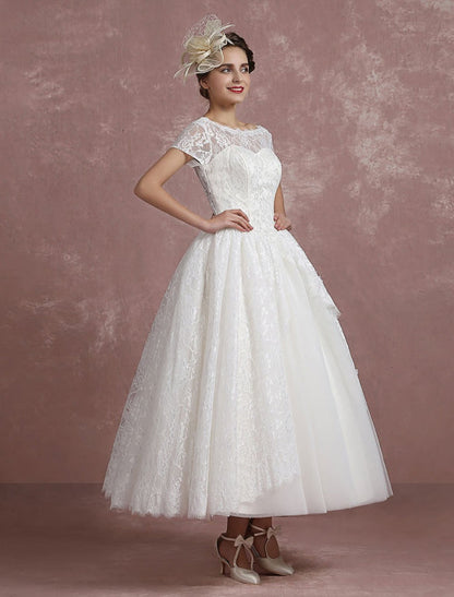 Short Sleeve Tea Length Bridal Dress Vintage Short Sleeves Aline Wedding Dress