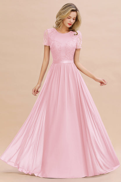 Modest Burgundy Chiffon Bridesmaid Dress Short Sleeves Lace Aline Evening Dress with Sash