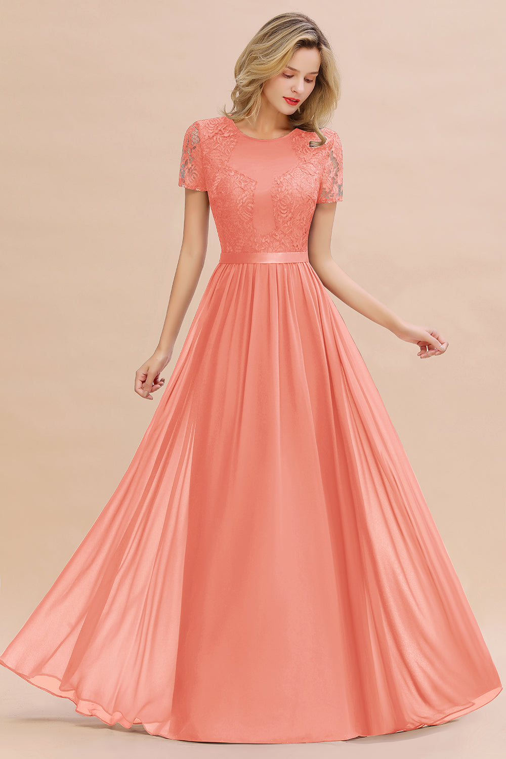 Modest Burgundy Chiffon Bridesmaid Dress Short Sleeves Lace Aline Evening Dress with Sash