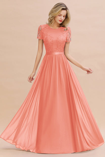 Modest Burgundy Chiffon Bridesmaid Dress Short Sleeves Lace Aline Evening Dress with Sash