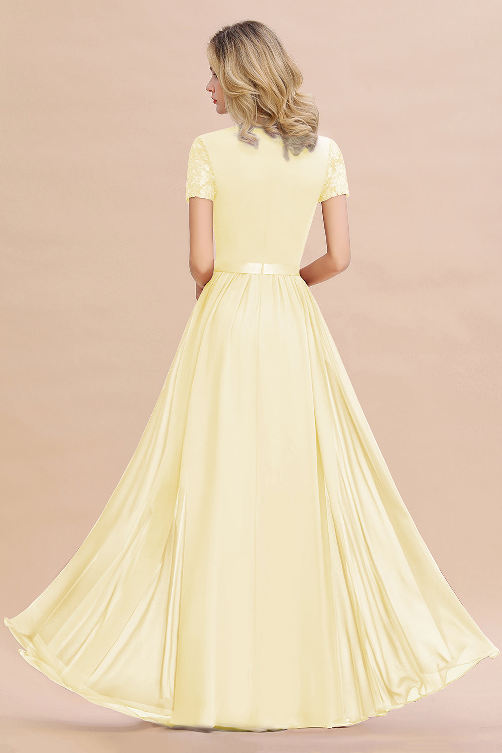 Modest Burgundy Chiffon Bridesmaid Dress Short Sleeves Lace Aline Evening Dress with Sash