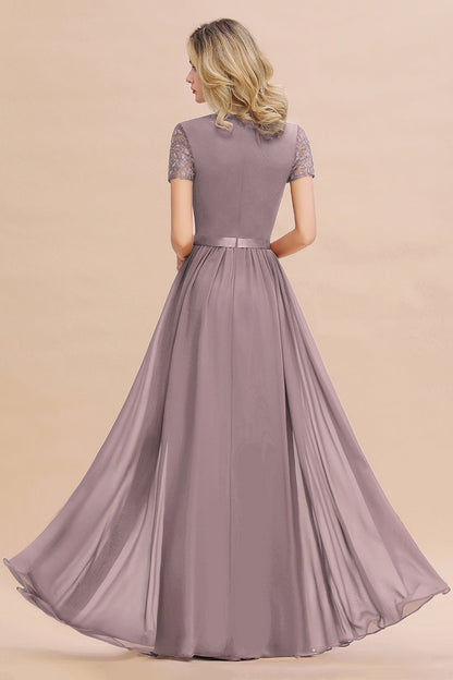 Modest Burgundy Chiffon Bridesmaid Dress Short Sleeves Lace Aline Evening Dress with Sash