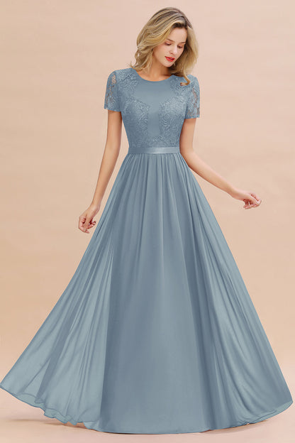 Modest Burgundy Chiffon Bridesmaid Dress Short Sleeves Lace Aline Evening Dress with Sash
