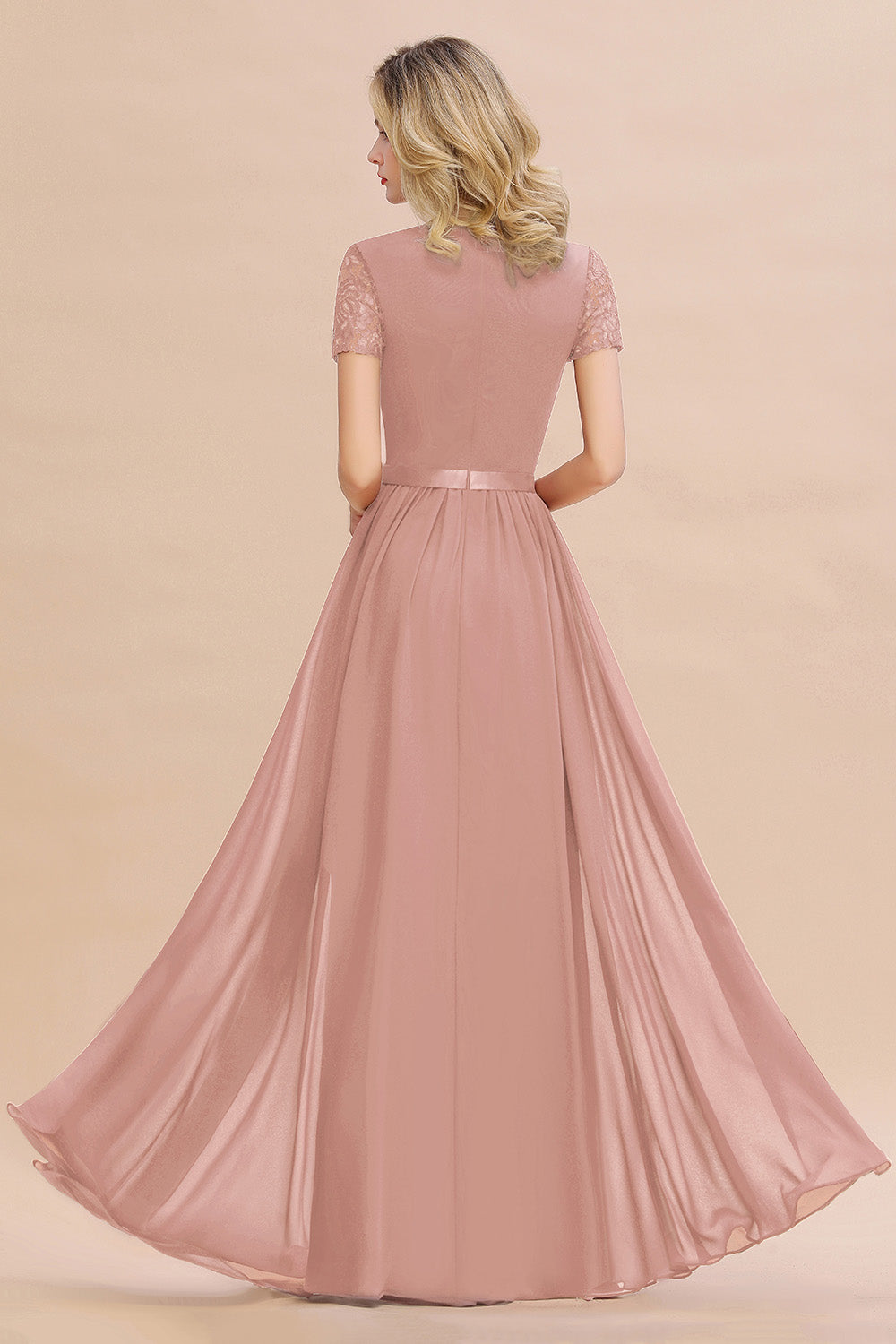 Modest Burgundy Chiffon Bridesmaid Dress Short Sleeves Lace Aline Evening Dress with Sash