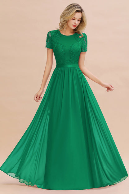 Modest Burgundy Chiffon Bridesmaid Dress Short Sleeves Lace Aline Evening Dress with Sash