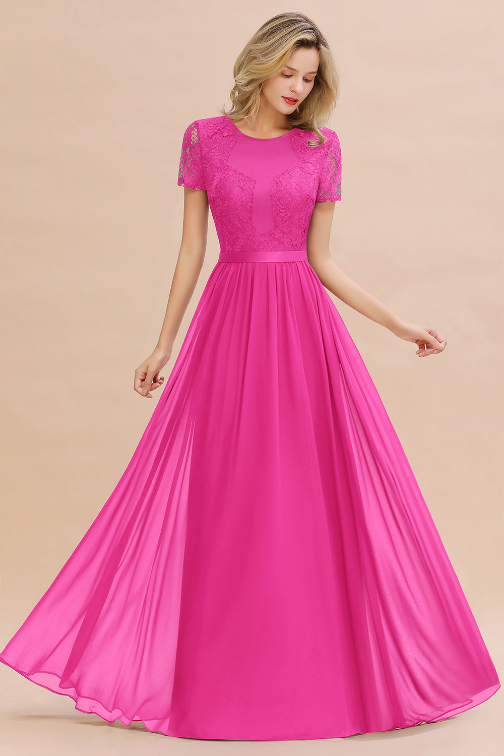 Modest Burgundy Chiffon Bridesmaid Dress Short Sleeves Lace Aline Evening Dress with Sash