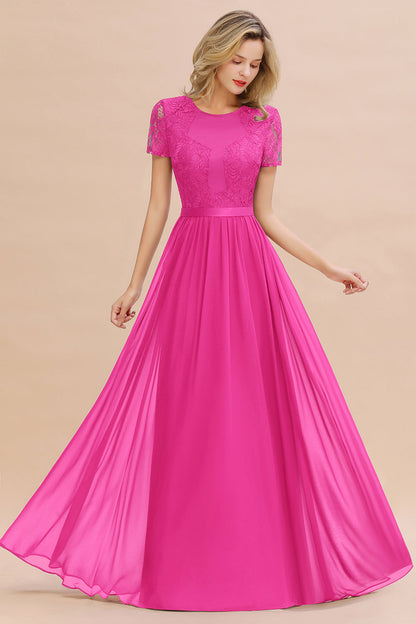 Modest Burgundy Chiffon Bridesmaid Dress Short Sleeves Lace Aline Evening Dress with Sash