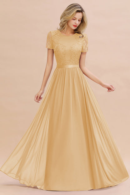 Modest Burgundy Chiffon Bridesmaid Dress Short Sleeves Lace Aline Evening Dress with Sash