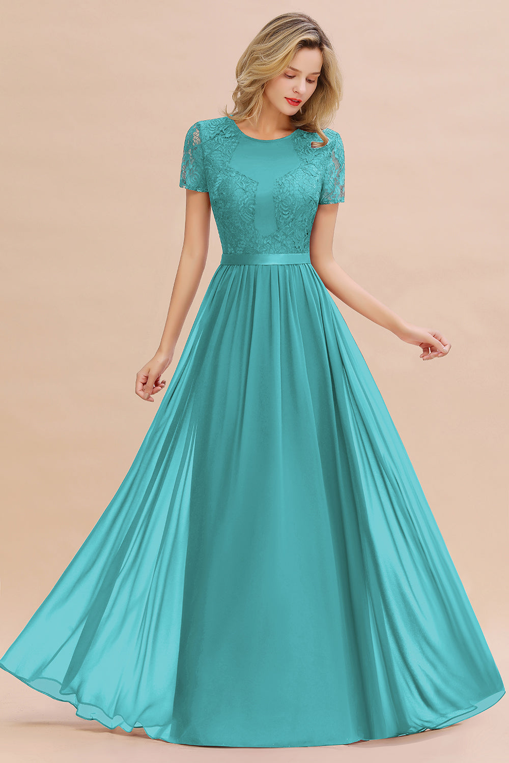 Modest Burgundy Chiffon Bridesmaid Dress Short Sleeves Lace Aline Evening Dress with Sash