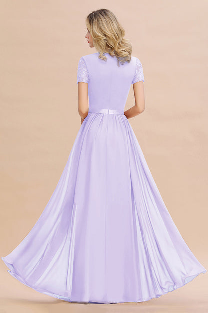 Modest Burgundy Chiffon Bridesmaid Dress Short Sleeves Lace Aline Evening Dress with Sash