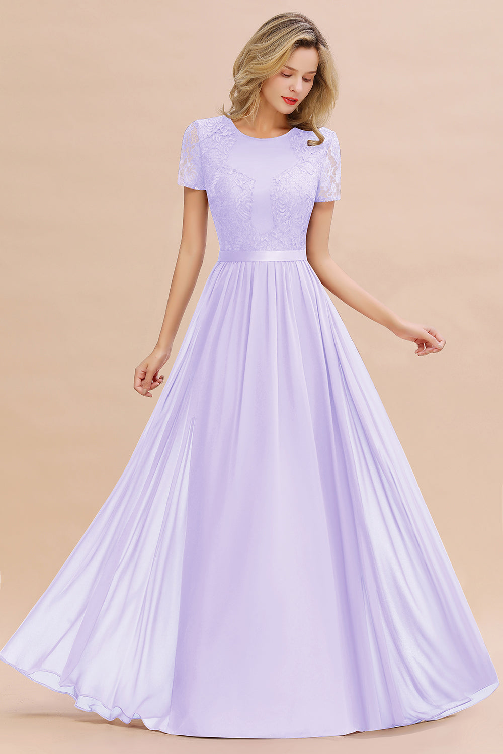 Modest Burgundy Chiffon Bridesmaid Dress Short Sleeves Lace Aline Evening Dress with Sash