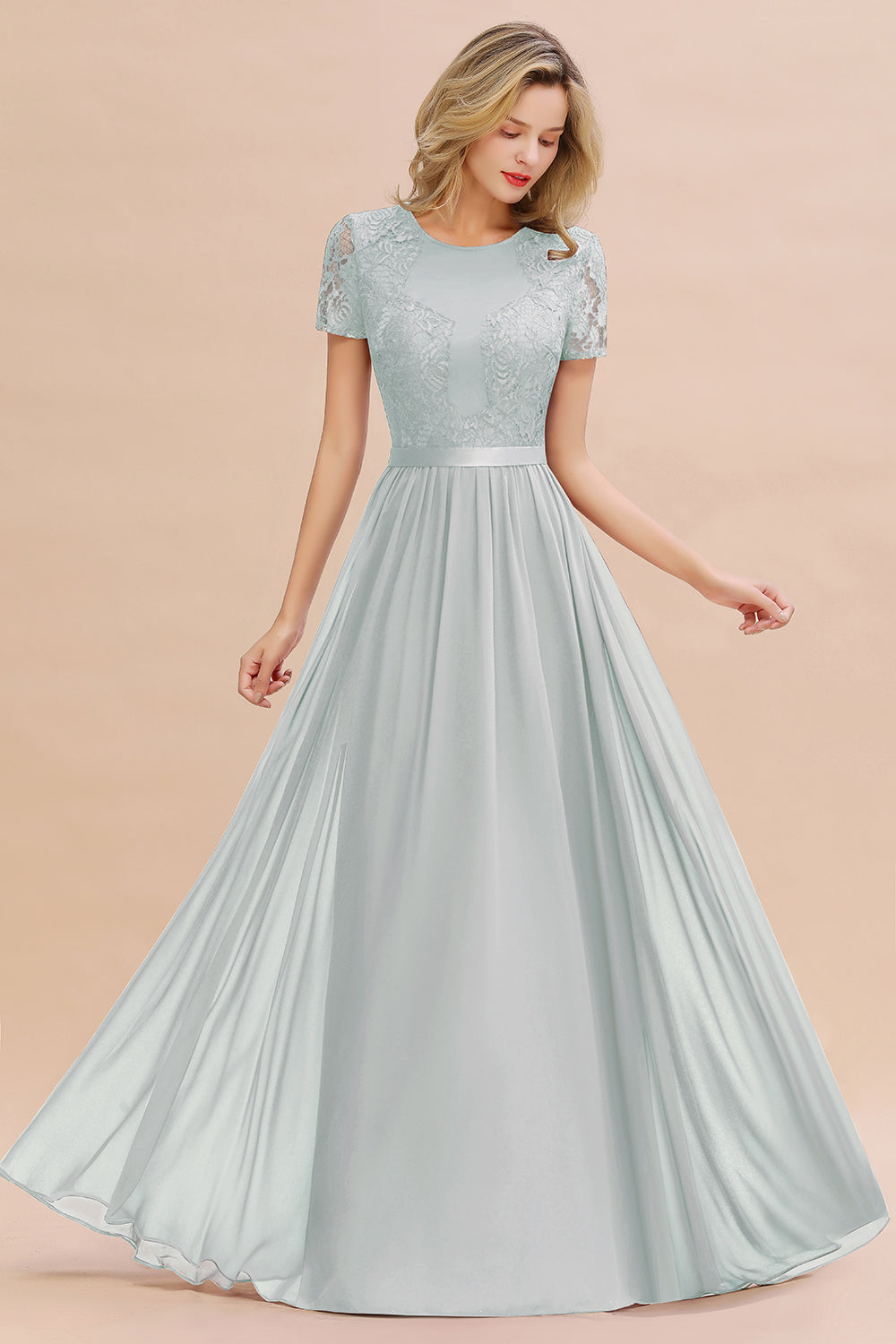 Modest Burgundy Chiffon Bridesmaid Dress Short Sleeves Lace Aline Evening Dress with Sash
