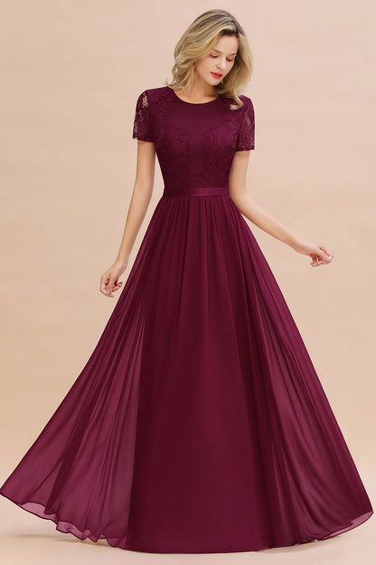 Modest Burgundy Chiffon Bridesmaid Dress Short Sleeves Lace Aline Evening Dress with Sash