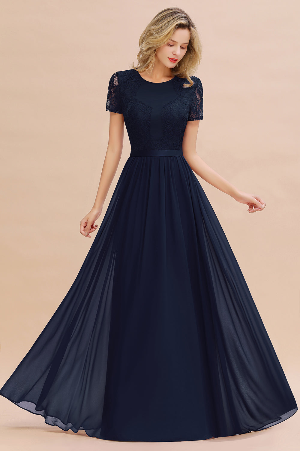 Modest Burgundy Chiffon Bridesmaid Dress Short Sleeves Lace Aline Evening Dress with Sash