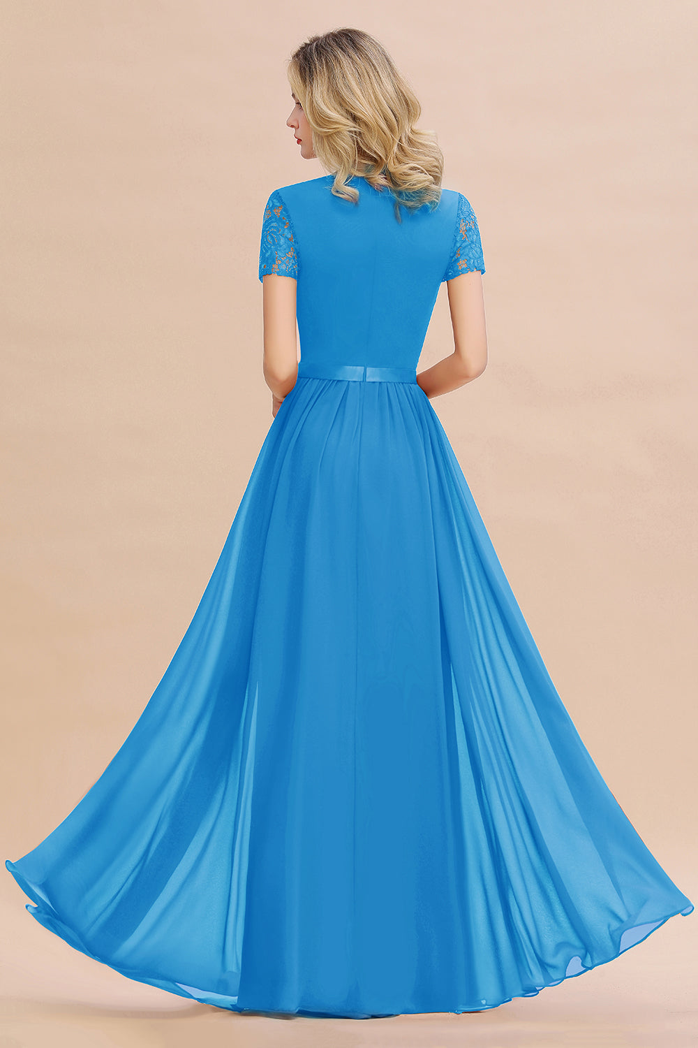 Modest Burgundy Chiffon Bridesmaid Dress Short Sleeves Lace Aline Evening Dress with Sash