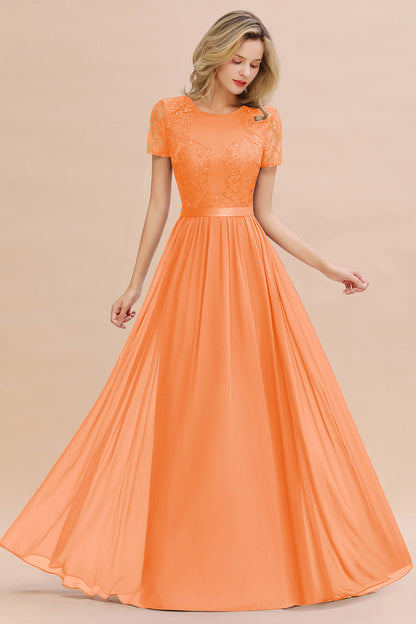 Modest Burgundy Chiffon Bridesmaid Dress Short Sleeves Lace Aline Evening Dress with Sash