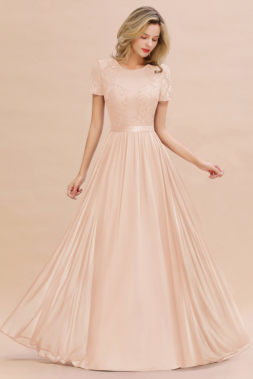 Modest Burgundy Chiffon Bridesmaid Dress Short Sleeves Lace Aline Evening Dress with Sash