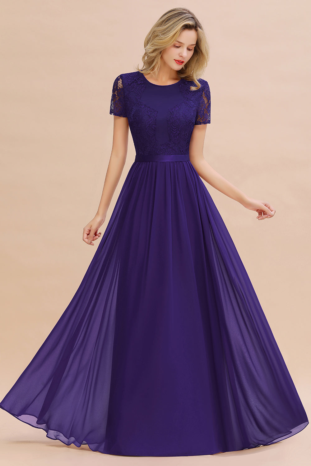 Modest Burgundy Chiffon Bridesmaid Dress Short Sleeves Lace Aline Evening Dress with Sash
